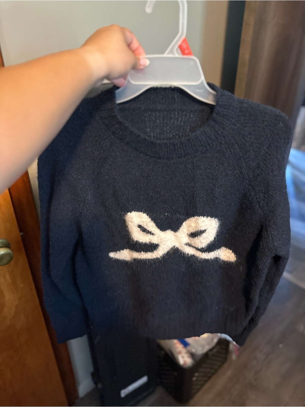SHEIN Navy Crewneck Sweater with Cream Bow